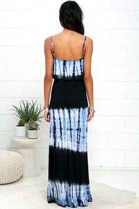 2022 Venta caliente mujer Vintage sin mangas azul Tie Dye Maxi Vestido de playa hasta el suelo cintura Natural tejido Método de tejido - Product Image 4