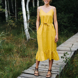 Robe longue en lin pour femme, col rond, sans manches, en tissu crêpe jaune, tendance 2026, dernier design - Product Image 1