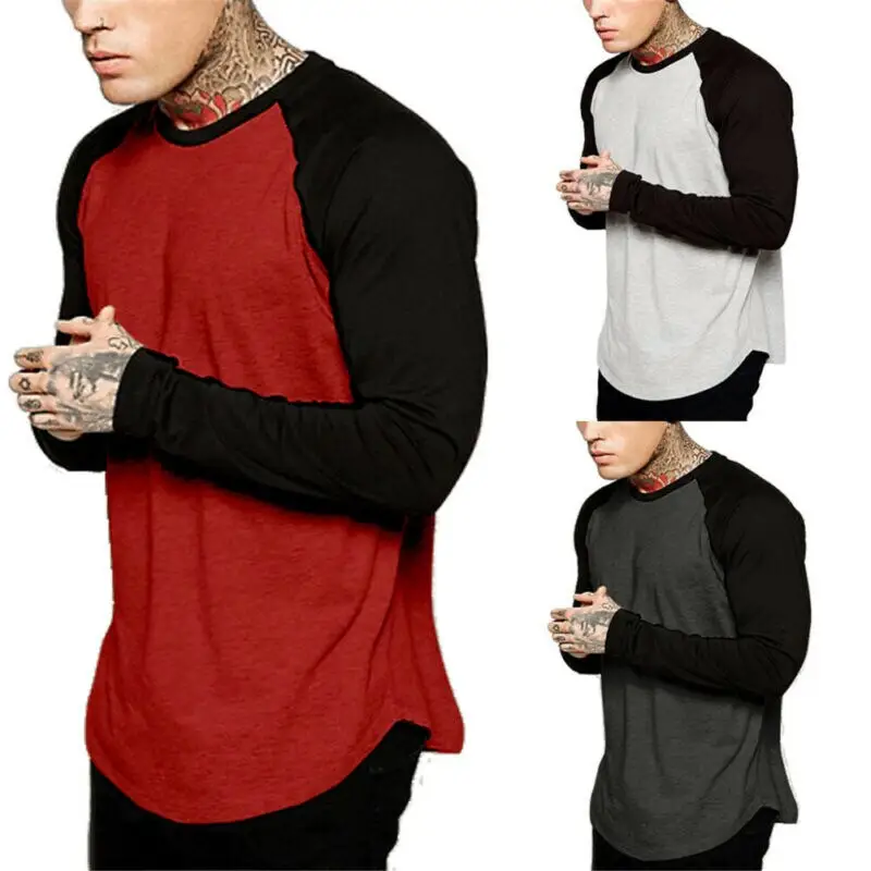 From China Import Baseball Tee Two Tone Crew Neck Long Sleeve T Shirt color block High neck t shirt men
