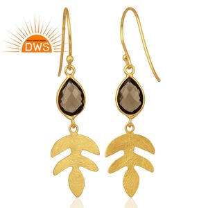 Leaf Design Gold Plated 925 Silver Dangle Earrings Wholesale Natural Smoky Quartz Gemstone Earrings Jewelry - Product Image 3