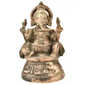 Handmade Antique Brass Ganesha Murti Sitting With Mooshak Sculptures Figurine Statue Statement Pieces Decor Gift Items