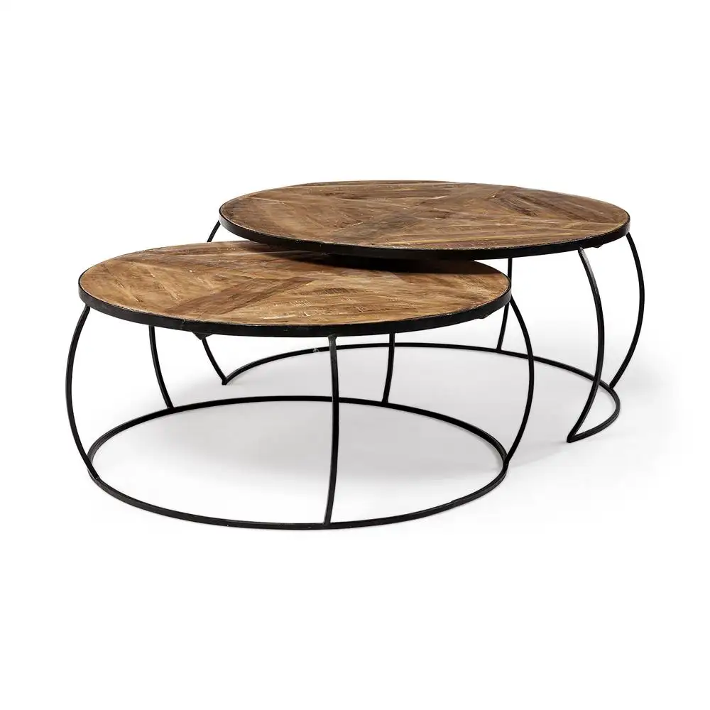 素朴なロフトスタイルの木材と金属の2つのコーヒーテーブルのラフ仕上げソリッドマンゴーウッドを備えた2つのコーヒーテーブルの工業用セット