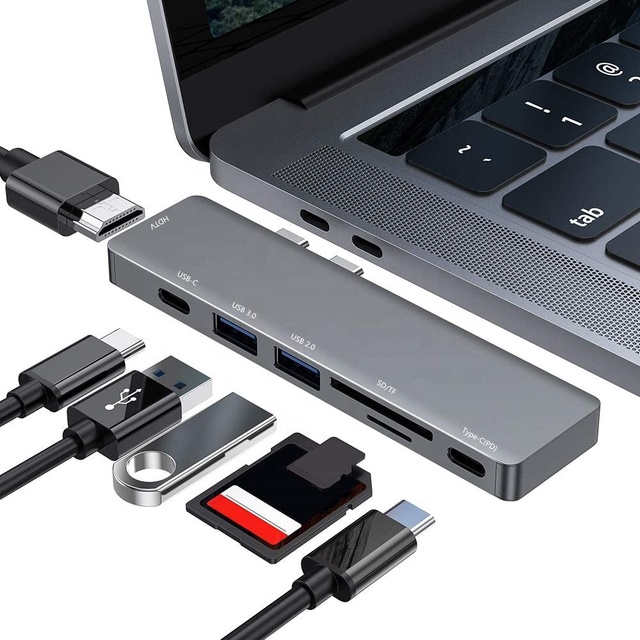 7 in 2 Dual Type C Hub with 4K HDMI and SD TF Card Slots and USB-C and PD Fast Charging and USB-A for MacBook Pro / Air and More