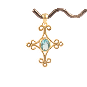 Colgante de Cruz de cuarzo ovalado y facetado para collar, colgante de diseño occidental, color azul cielo, dorado, hecho a mano - Product Image 1