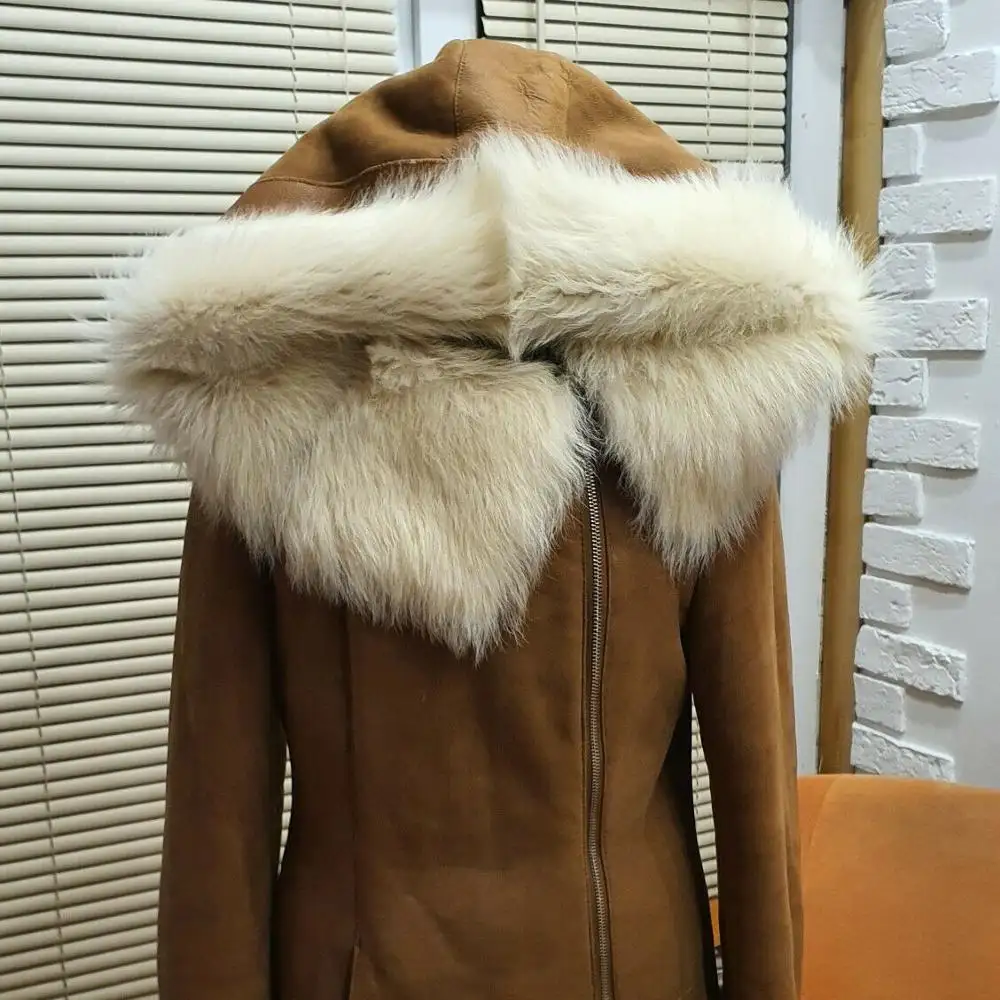 100% Genuine Shearling Jacket Women With Hood Leather Sheepskin Brown Coat With Wholesale Price