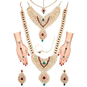 India de Bollywood Boda nupcial Kundan Collar de cristal pendiente Maang Tikka cabeza cadena nariz anillo pulsera conjunto de joyas