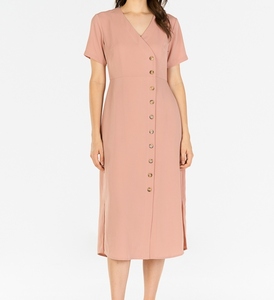 Robe pour femme en lin 100% rose pâle, fabriquée en Inde, col en V, manches courtes, formelle, sexy, longueur genou, respirante - Product Image 4