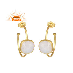 925 plata esterlina 18K chapado en oro arcoíris natural piedra lunar piedra preciosa aro pendiente joyería fabricante - Product Image 1