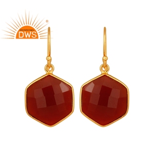 Pendientes de gota hexagonales de ónix rojo facetado, proveedor de joyería de plata de ley chapada en oro, joyería al por mayor - Product Image 1