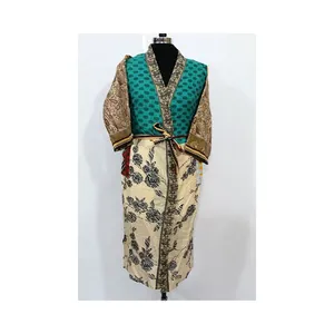 Kaliteli Vintage geri dönüşümlü ipek Sari çiçek baskılı tasarım Kimono Robe çift cepler ve kadınlar için uzun kollu