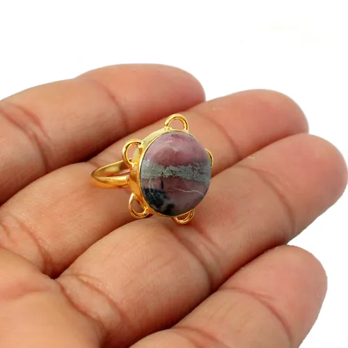 Цельное кольцо с золотым покрытием из серебра 925 пробы с натуральным родонитом и драгоценным камнем
