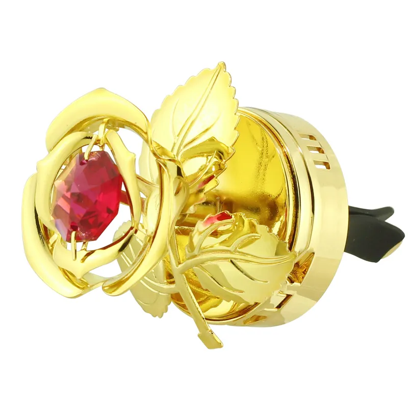 Cryestoraft flor de rosa banhado a ouro, com cristais corte brilhantes, fragrância do aroma, difusor de óleo essencial para ventilação do carro