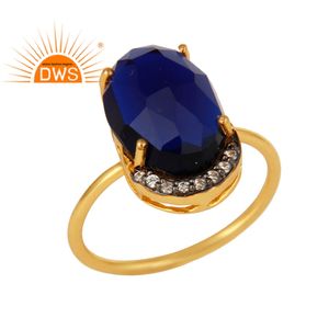 Corindon bleu Pierre Gemme Serti de griffes Bague Bijoux 14k Plaqué Or 925 Argent Anneau De Déclaration Bijoux Grossiste - Product Image 1