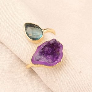 <b>Hot</b> Selling Faceted Cut Sky Blue Quartz & Purple Geode Druzy Rings Gold/silver Plated Open Finger Double <b>Stone</b> Adjustable Rings - Product Image 2
