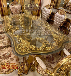 Ensemble de table à manger 8 places en teck doré poli, style européen moderne, sculpté à la main, robuste et durable - Product Image 2