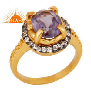 New Trendy 18k <b>Gold</b> Plated Brass Jewelry Cubic Zirconia & Amethyst Gemstone Prong <b>Set</b> Fashion <b>Ring</b> Jewelry Manufacturer - Product Image 1