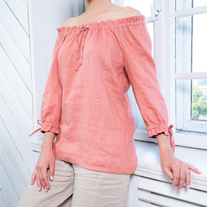Blusa de Lino para Mujer, Estilo Casual, Holgada, Transpirable, de Verano, con Hombros Descubiertos, Manga Tres Cuartos, Color Sólido, con Lazo Cruzado, Estilo Rajasthan - Product Image 1