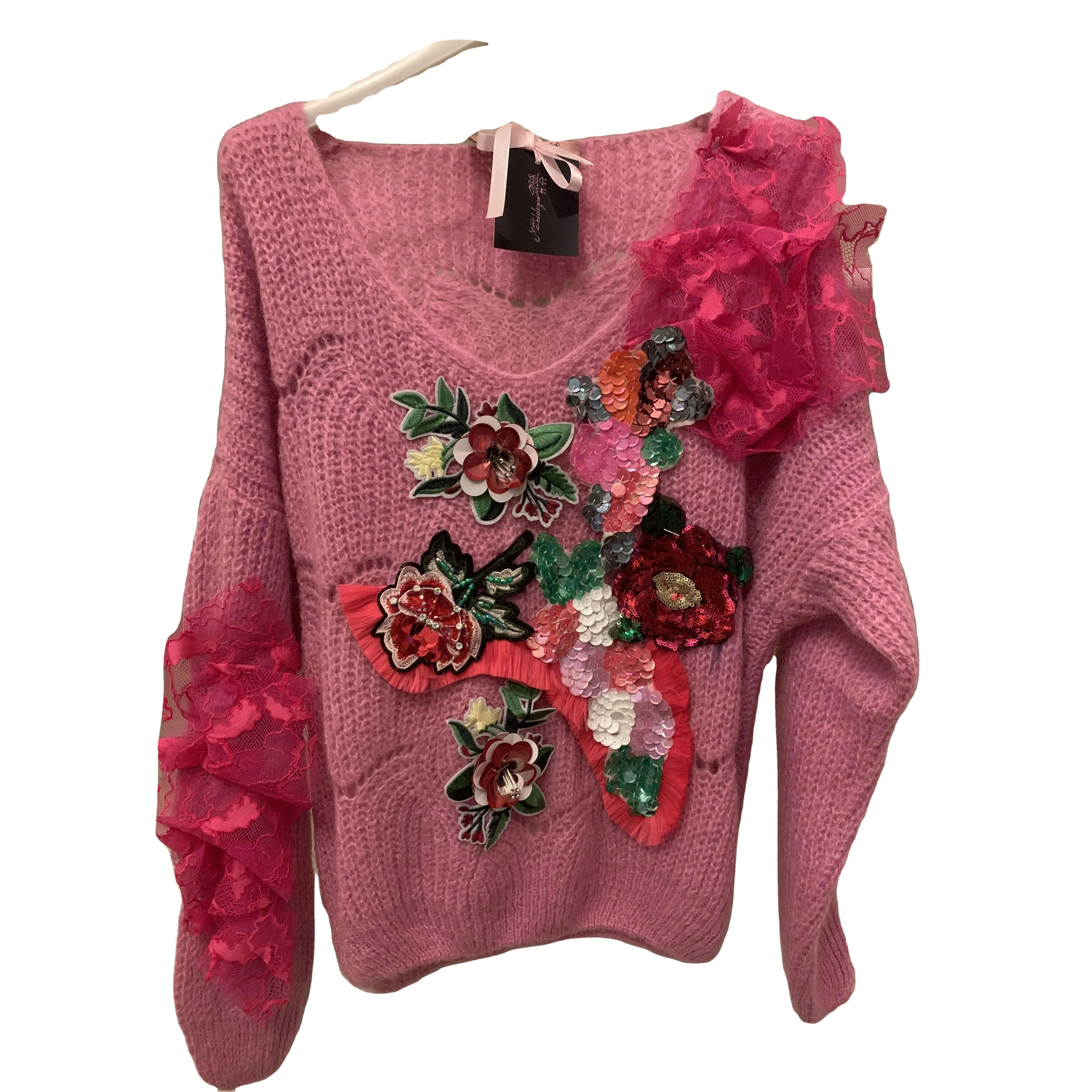 womwn's sweaters Made in Italy V-neck with embroidery details sequins floral motifs lace inserts and fringes