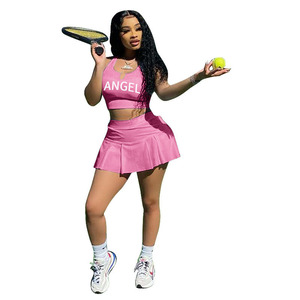 Conjunto de dos piezas para mujer, ropa de verano, vestidos informales a la moda, Blusa de manga corta estampada, Falda plisada de tenis - Product Image 3