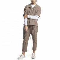 OEM kemeja campuran Linen kancing pria, desain saku dada depan ukuran besar kerah Lay Down modis