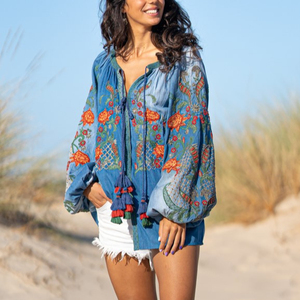 Chaqueta bordada con borlas y borlas para mujer, chaqueta bordada con borlas y borlas, bordada con flores azules, estilo vaquero - Product Image 1