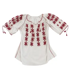 Women Traditional Embroidered Blouse Red <b>Star</b> Pattern <b>Balloon</b> Sleeve O-Neck Loose Fit Cotton Top All Seasons Everyday Wear - Product Image 1