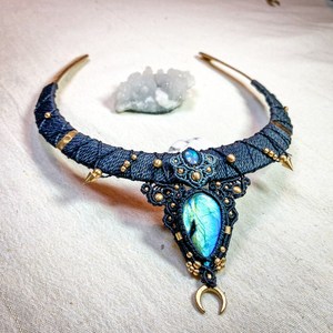 Brass Labradorite and <b>Opal</b> <b>Necklace</b> - Macrame <b>Necklace</b> - Boho <b>Necklace</b> - Black <b>Necklace</b> - Tribal <b>Necklace</b> - Product Image 1