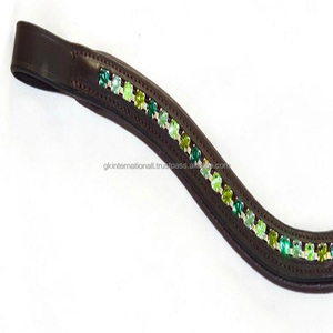 Banda de cuero curvo para cejas de caballo, impresionante y único, acabado alto, cuero negro, hecho a mano con cristal grande verde esmeralda - Product Image 3
