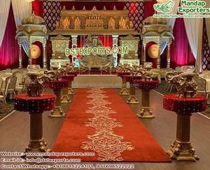 การตั้งค่าเวทีแต่งงานที่ยิ่งใหญ่ของอินเดียตอนใต้ชุดแต่งงานสีทองกรอบหลังเวทีงานแต่งงานแบบศรีลัง - Product Image 5