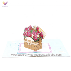 3D Pop up Basket of Roses Greeting <b>Cards</b> / Folk Art Easter Souvenir / Handmade Paper with Gold Stamping and High Quality - Product Image 2
