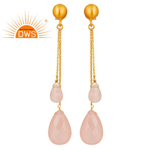 Boucles d'oreilles chaîne briolette calcédoine rose en argent sterling poli or Collection classique - Product Image 1