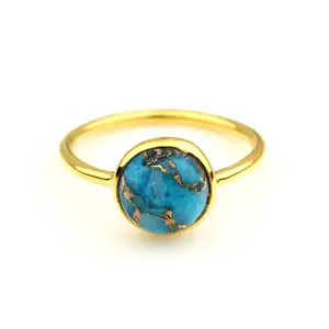 Penjualan Terbaik 10mm biru tembaga batu permata pirus perhiasan Bezel 18k lapis emas perak murni halus bentuk bulat cincin untuk dia