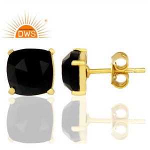 Black Onyx Gemstone Prong <b>Set</b> <b>Earrings</b> Women's 14k Gold Plated Sterling <b>Silver</b> <b>Stud</b> <b>Earrings</b> Supplier Jewelry - Product Image 3
