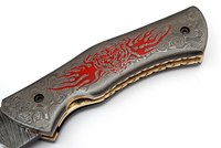 Couteau pliant de camping en acier Damas de haute qualité, marque SJ, modèle SJ-FLDN-18, épaisseur de lame 0,45 mm, étui en cuir OEM, vente en gros
