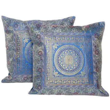 Mandala sky blue & gold silk brocade large Indian handmade throw decorative pillow throw cushion cover