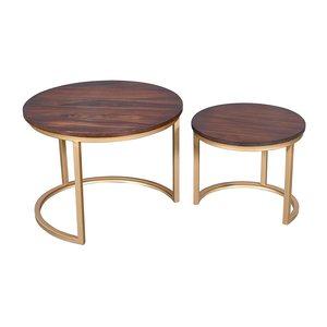 Luxury Round Nesting Coffee <b>Table</b> Set of 2 Modern Industrial Vintage Design with Wooden and Metal <b>Table</b> for Living Room - Product Image 5