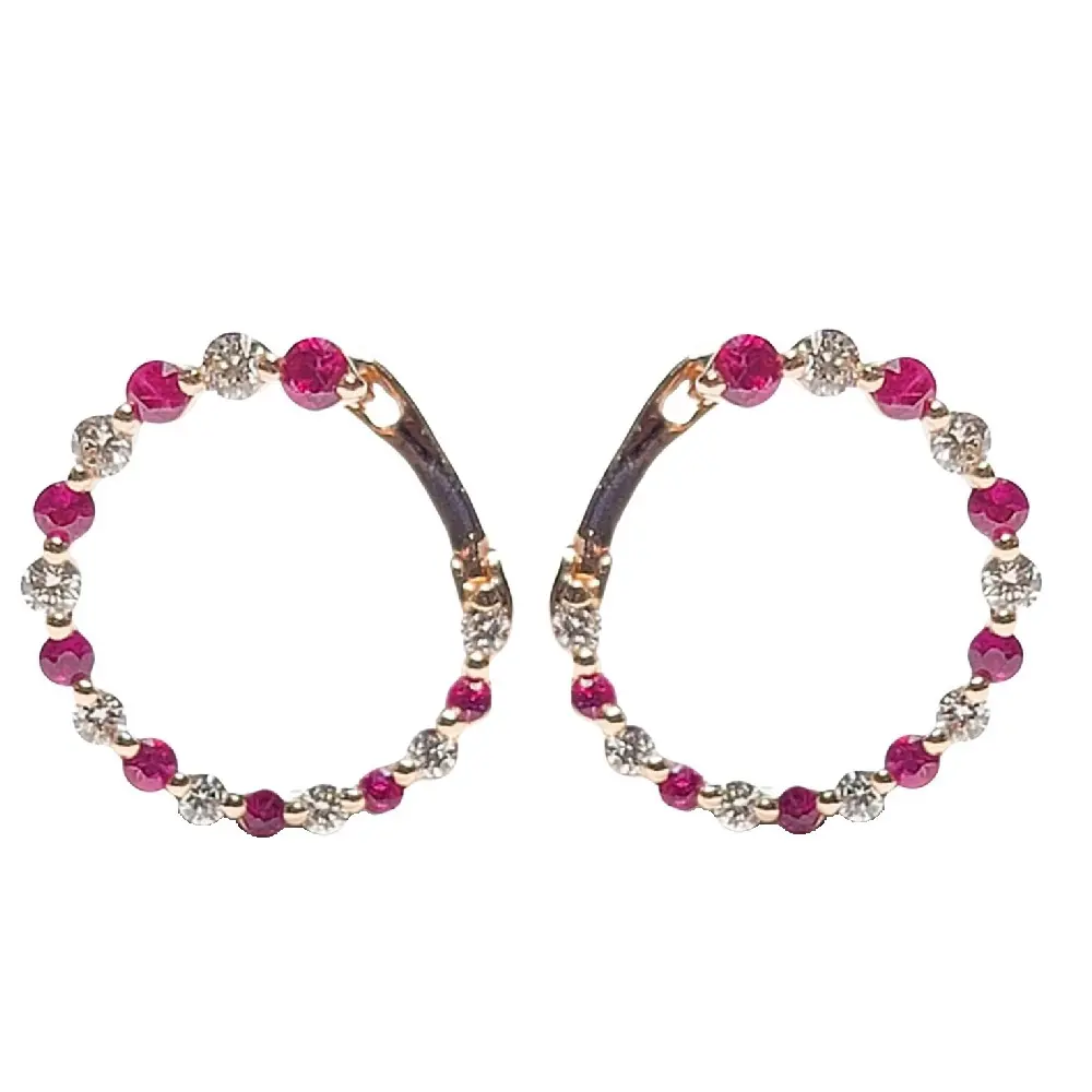 Pendientes de tuerca para uso diario, joyería de rubí rojo con gema de diamante redonda auténtica de oro rosa sólido de 18k, estilo bonito