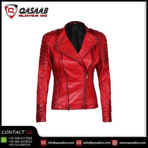 Women Quilted-Collar Red-Color Autumn Winter Ladies Bikers Breathable Longed Zippers Motorbike Leather Biker Jackets - Product Image 3