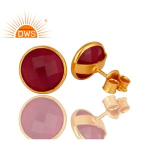 Boucles d'oreilles créoles plaquées or 18k, 1 paire de bijoux 925 en argent, accessoires de styliste, petits clous ronds en calcédoine rose, vente en gros - Product Image 2