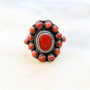 Top Choice Natural Red Coral 925 Sterling Silver Gemstone Handmade Silver Ring Wholesale Factory Price