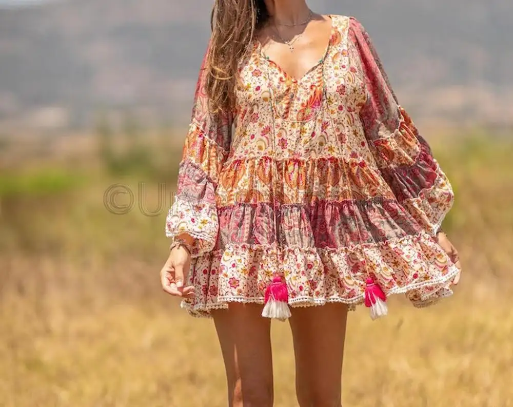 Custom Women Sexy Vintage One Piece Swimsuit Cover Up Long Sleeves Sexy Paisley Printed Short Dress