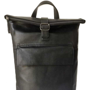 Unisex Stylish Women's <b>Roll</b> <b>Top</b> <b>Backpack</b> Genuine Black Leather with Bohemian Style RFID Feature Candy Pattern Polyester Lining - Product Image 1