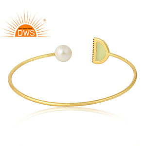 Natural Pearl Yellow Moonstone Designer 14K Gold Plated Sterling 925 <b>Silver</b> Cuff <b>Bangles</b> Jewelry Supplier Classic Collection - Product Image 3