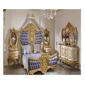 Muebles de dormitorio tallados a mano de madera tradicional, juego de dormitorio de madera de teca con acabado dorado, muebles de dormitorio hechos a mano - Product Image 1