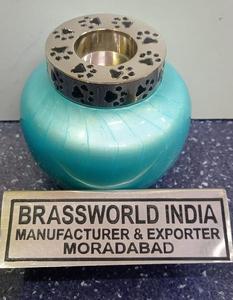 Urne de crémation pour animaux de compagnie en métal de couleur turquoise New Brassworld India Candle Light Funeral Supplies American Style - Product Image 2