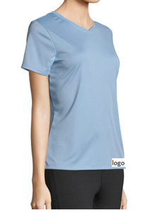 Camiseta de manga corta con cuello en V para mujer, Camiseta 100% de poliéster, ropa de baño importada a máquina - Product Image 3