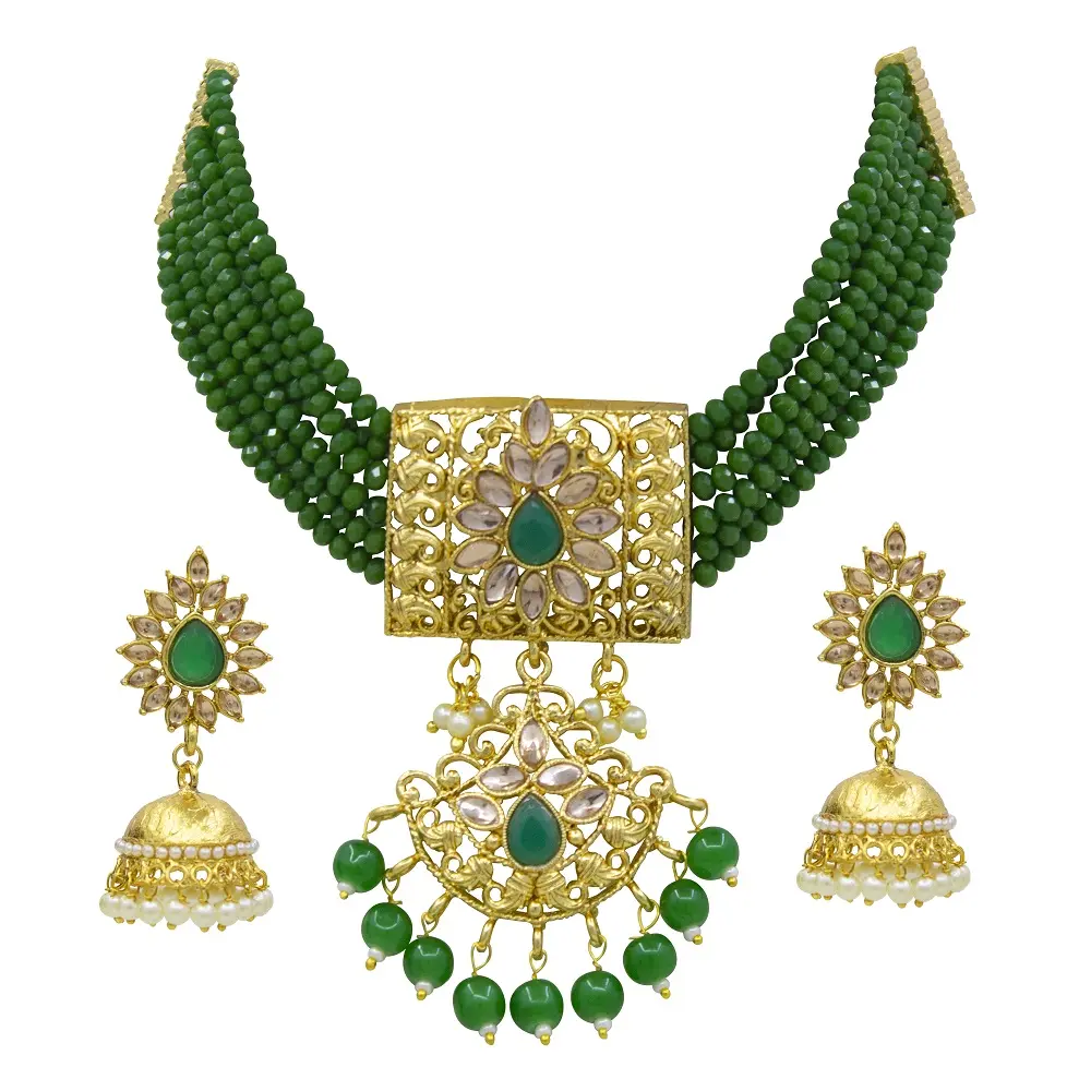Beads Collection Reverse AD and Crystal GREEN Beads Gold Plated Choker Necklace Set For Women