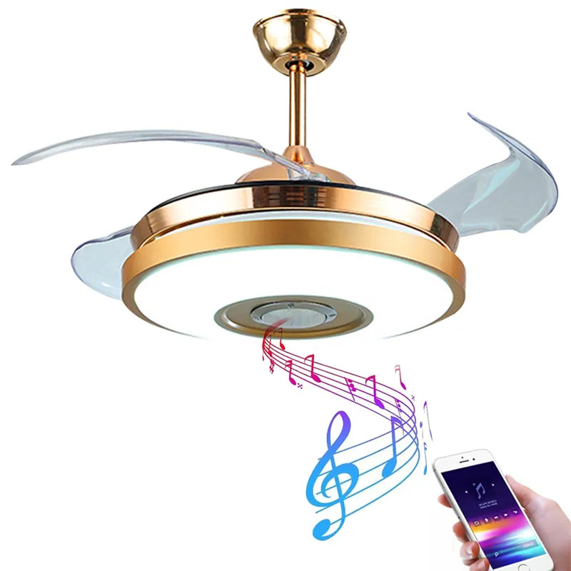 Remote Control Switch Modern Design Indoor Led Bluetooth MP3 retractable ceiling fan chandelier with aluminum luxury gold color