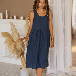 Robe d'été formelle pour femme, col rond, sans manches, longueur genou, 100% lin, coupe trapèze ample, respirante, couleur unie, pour les fêtes et les vacances - Product Image 3