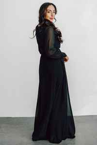 Robe maxi à manches longues pour vacances d'été pour femmes noir tissé uni avec taille naturelle lavable robe de grande taille teinte unie - Product Image 5